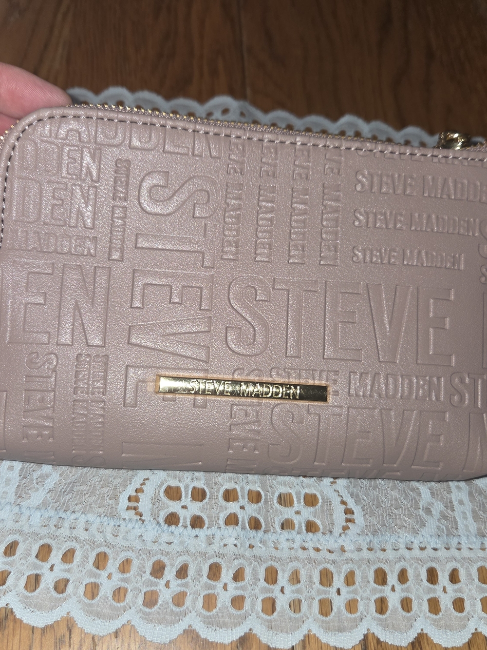 Steve Madden Rose Taupe Embossed Logo Wristlet with Gold Accent. OOCP